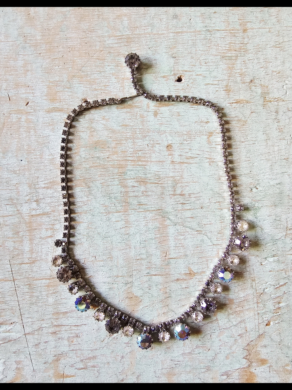 Vintage Weiss Rhinestone Crystal Choker Necklace Mid Century Silver Tone Prong